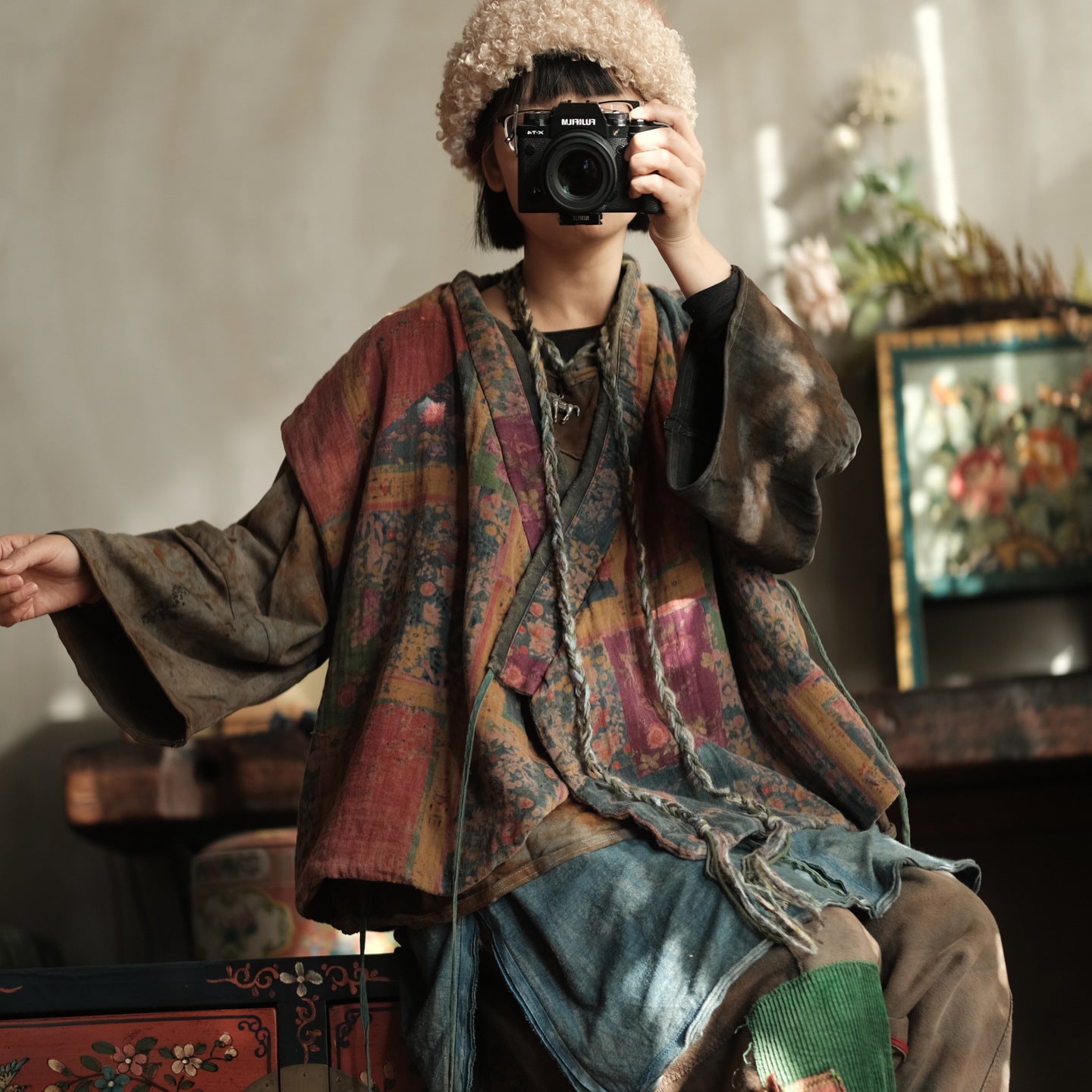 Vintage outfit styled with floral quilted tie-front vest