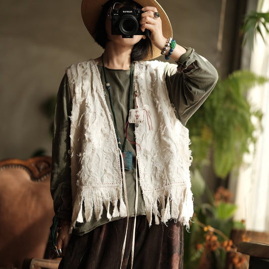 Bohemian Cotton-Linen Fringe Vest – front view