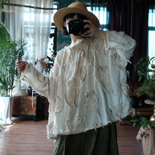 Front view of Cotton Top with Ruffle Collar, lightweight summer blouse