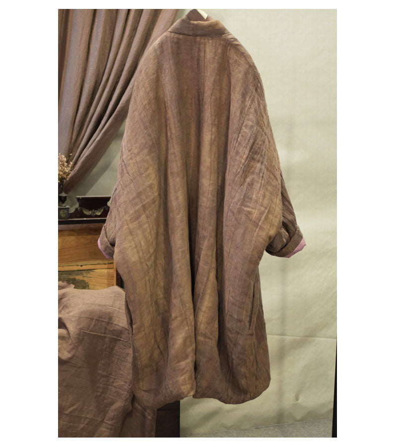 Back view of cozy distressed linen quilted coat