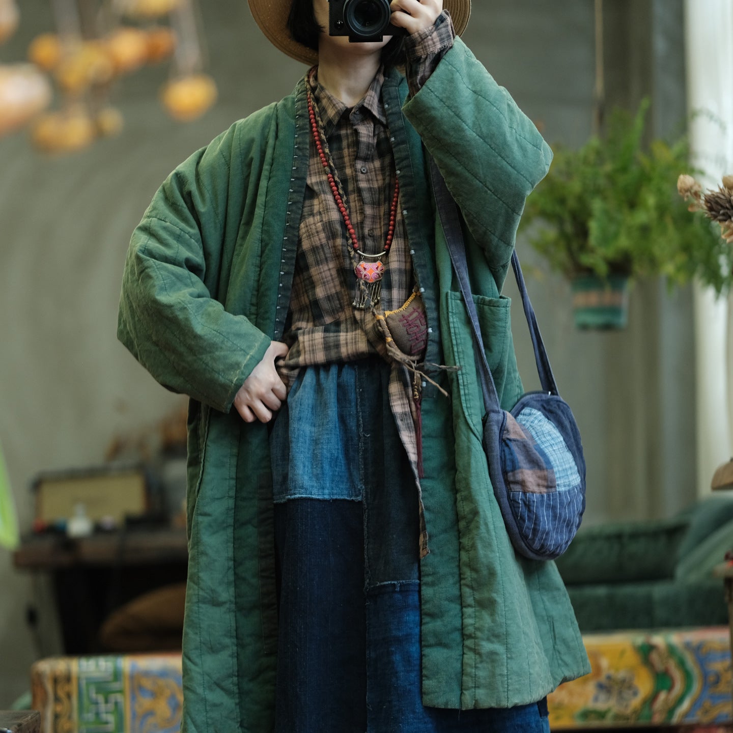 Front view of Cozy Green Quilted Jacket in bohemian vintage style