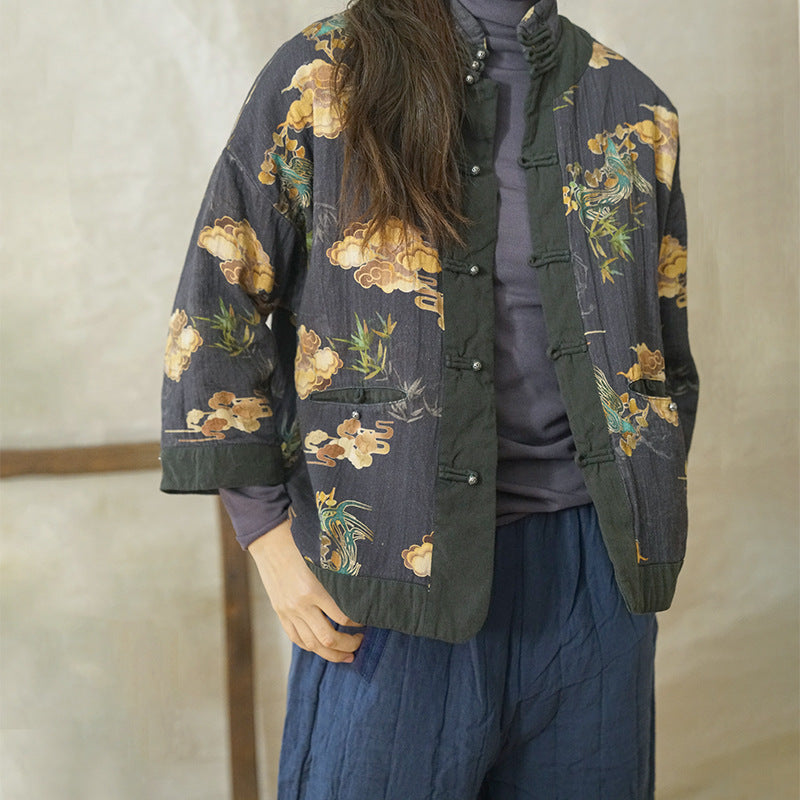 Soft quilted padded detailing on cloud-print jacket