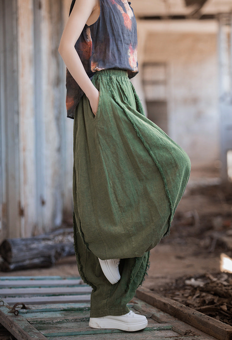distressed cotton-linen trousers relaxed fit
