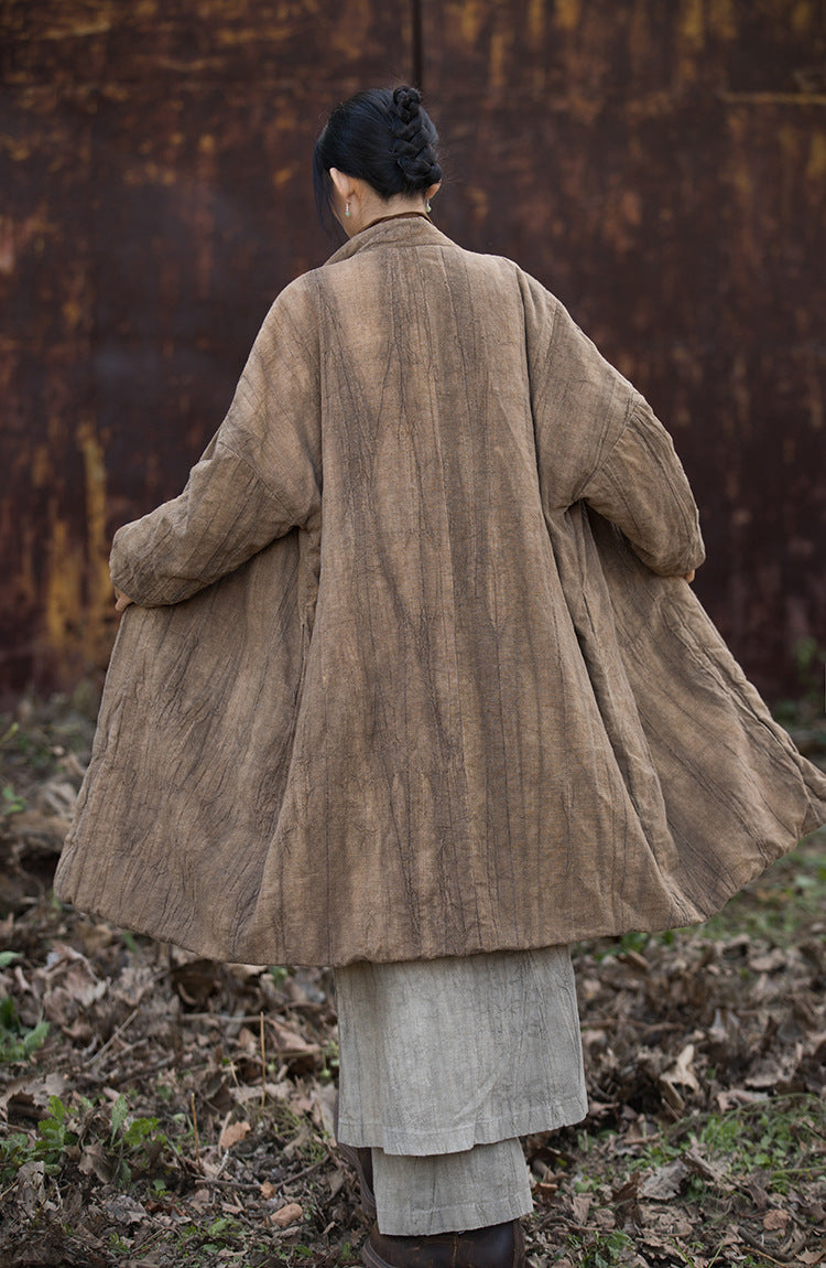 Back view of distressed linen quilted coat