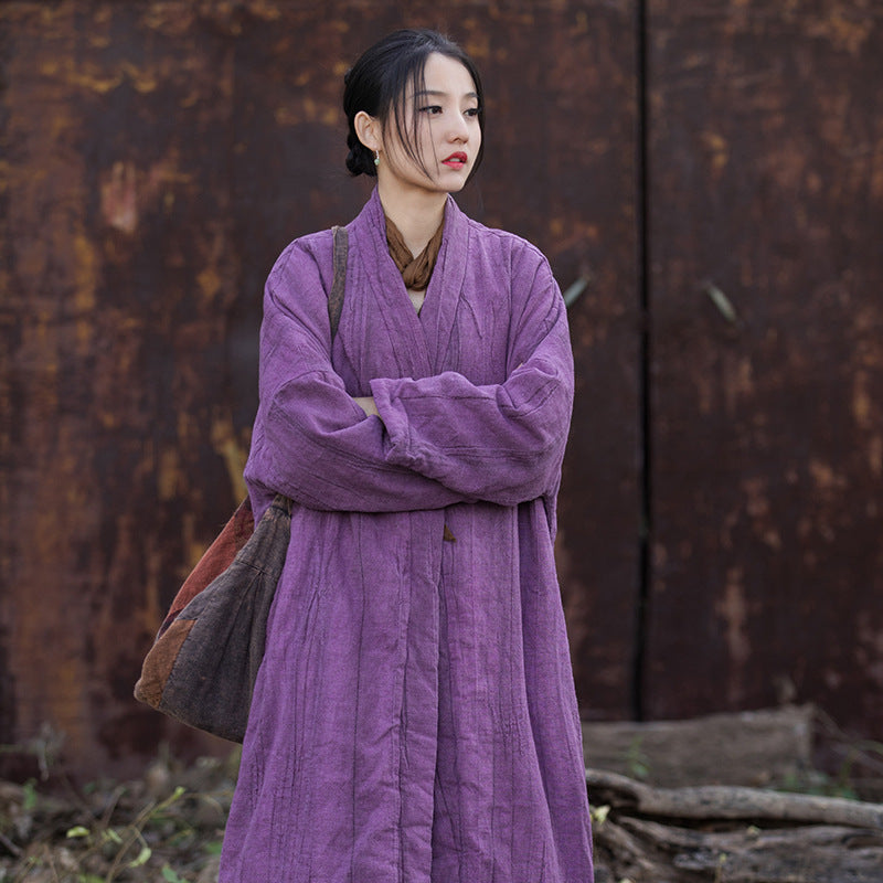 Layered outfit featuring distressed linen quilted coat