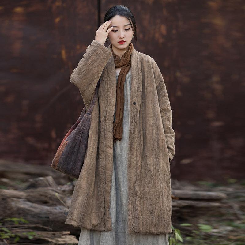 Lifestyle image of distressed linen quilted coat