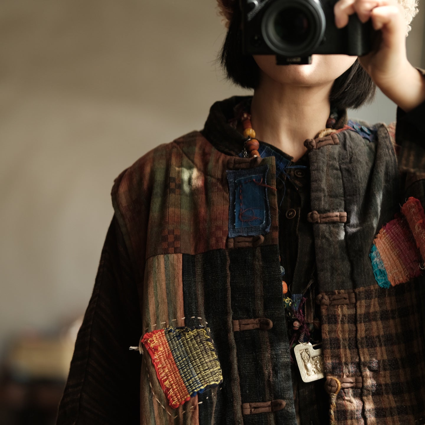 Close-up of distressed quilted fabric texture