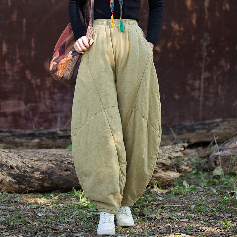 Lifestyle image of distressed ramie quilted pants