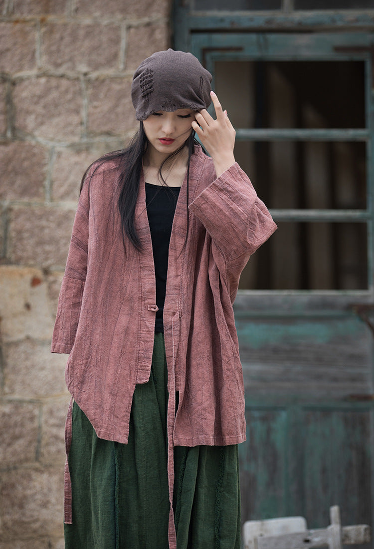 Model wearing boho style tie-dye distressed cotton-linen kimono jacket