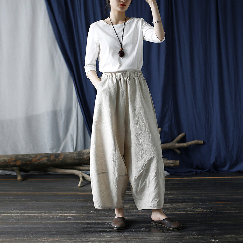 Front view of relaxed cotton linen pants with an elastic waist
