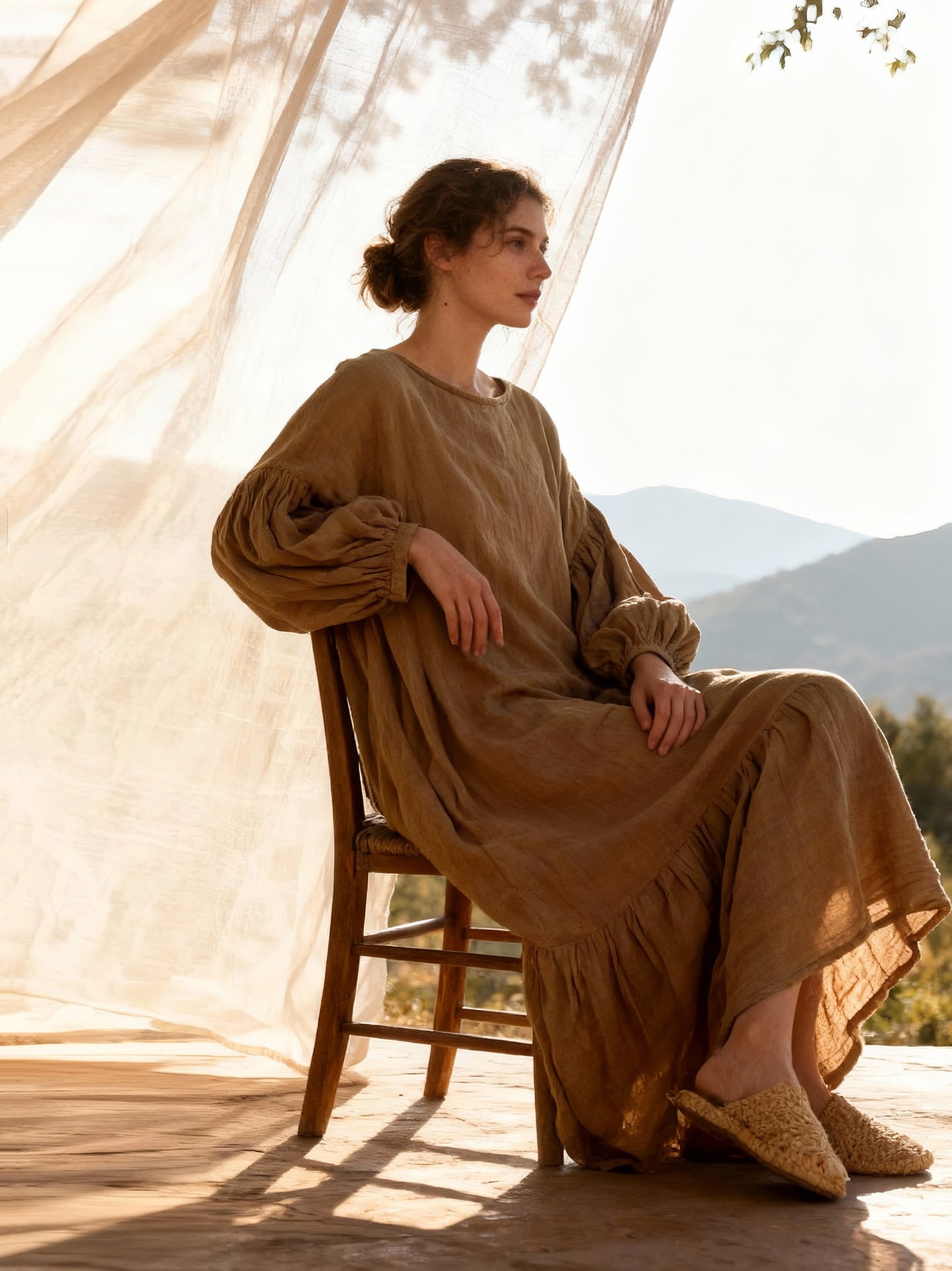 Sustainable Ramie midi dress with dramatic lantern sleeves