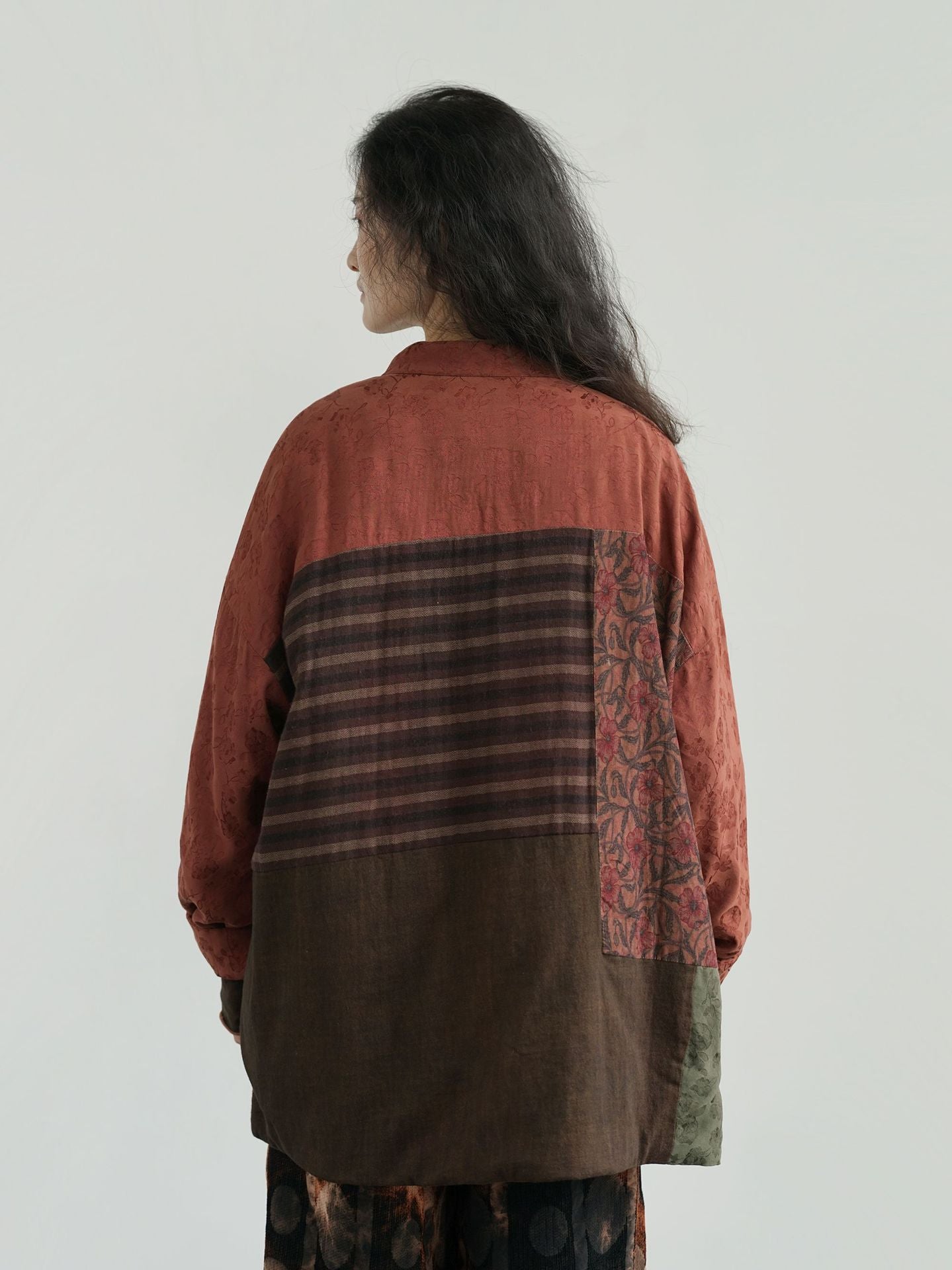 Back view of Ember Garden vintage patchwork quilted coat