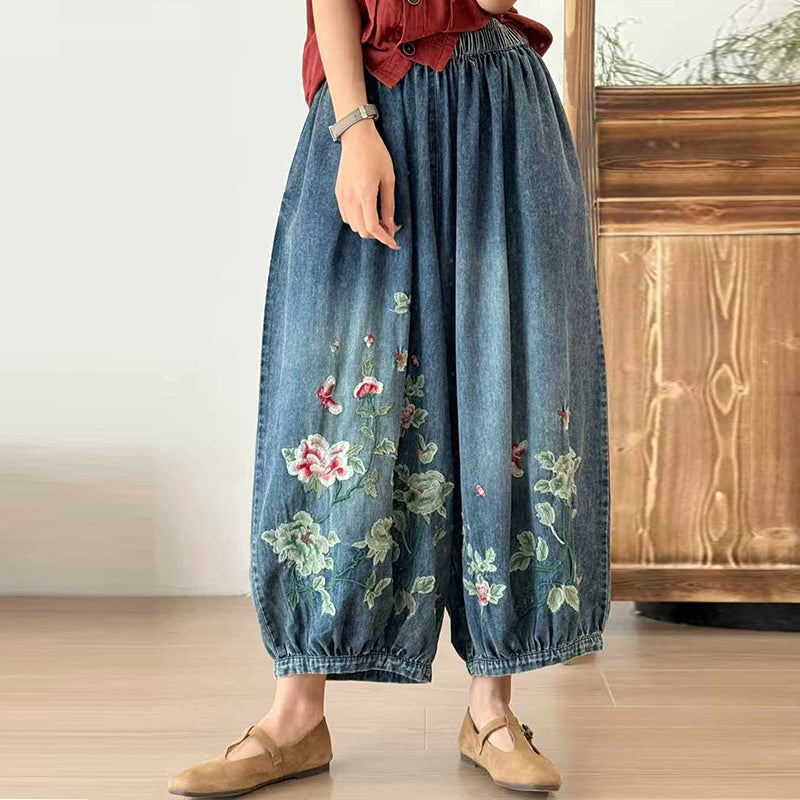 Embroidered denim pants front view with a relaxed everyday fit
