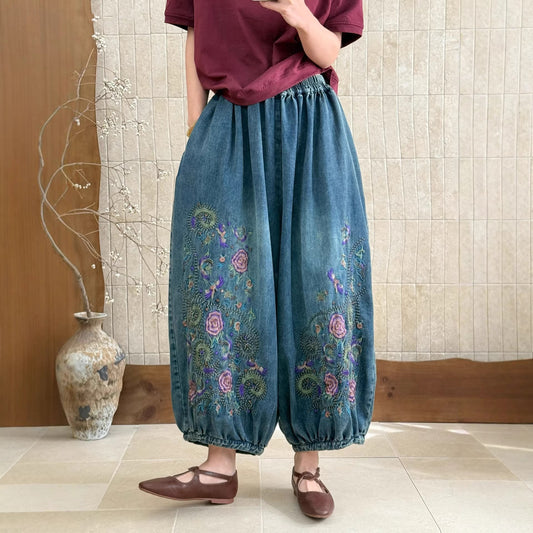 Embroidered floral pants front view with a relaxed everyday fit