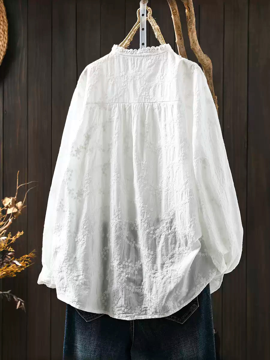 Woman wearing embroidered jacquard cotton shirt