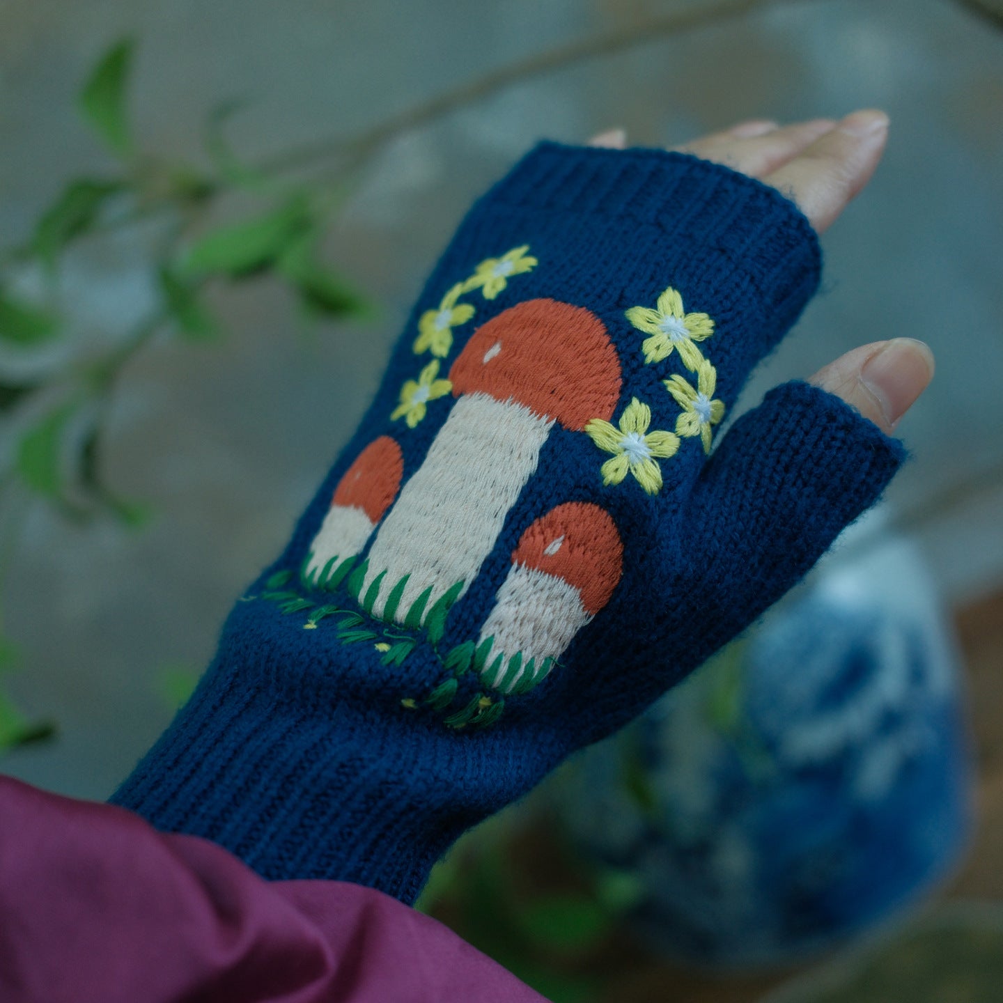 Winter outfit styling with vintage embroidered knit gloves