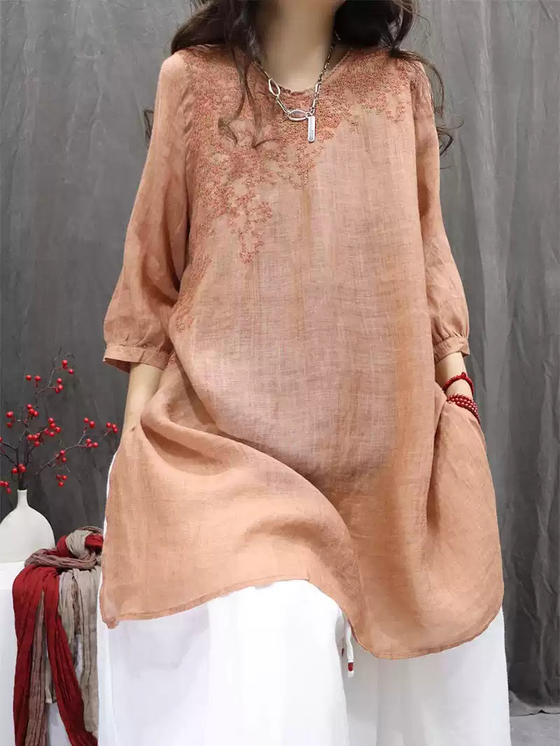 Close-up embroidery detail on vintage ramie blouse