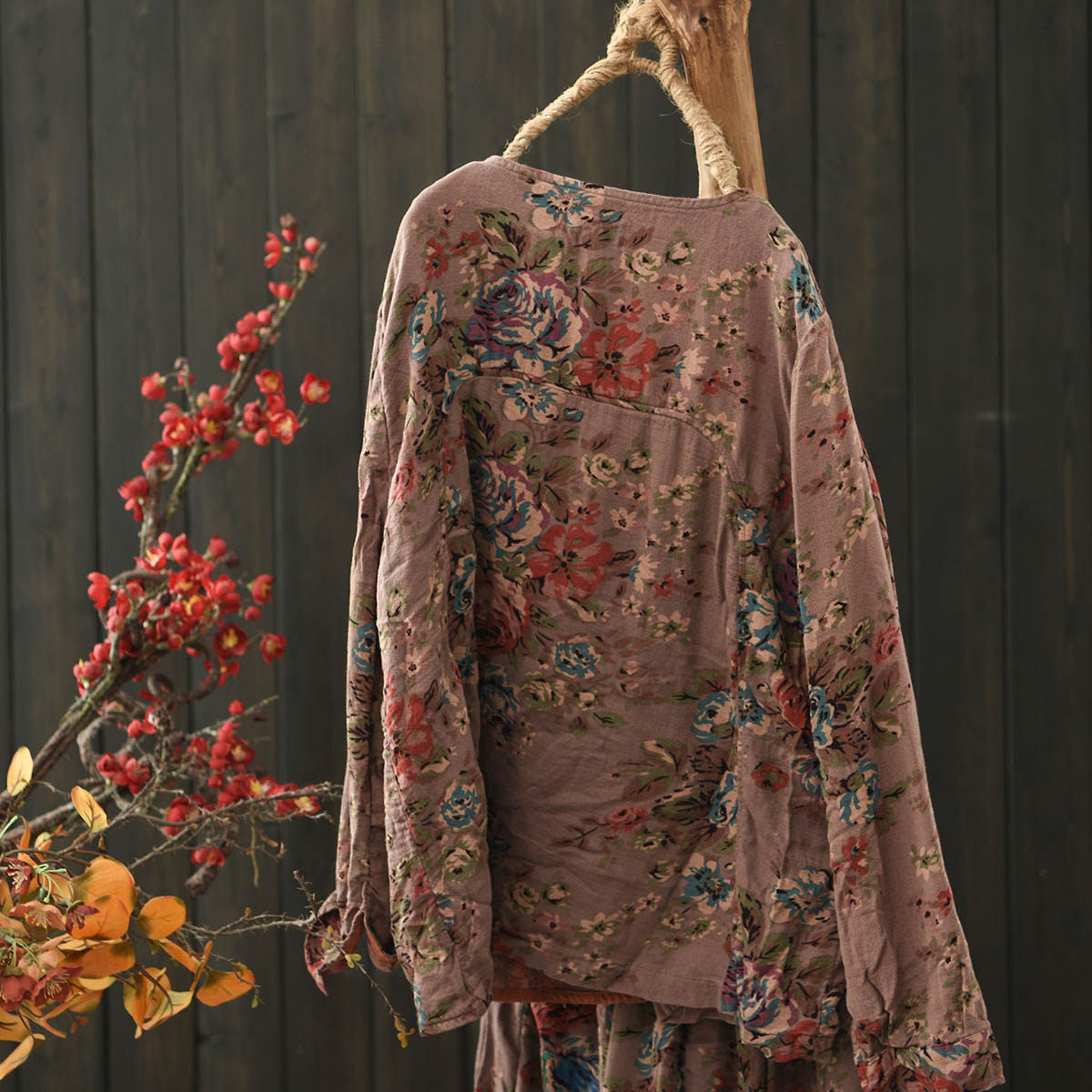 Back view of Floral Print Blouse with Chinese Frog Buttons