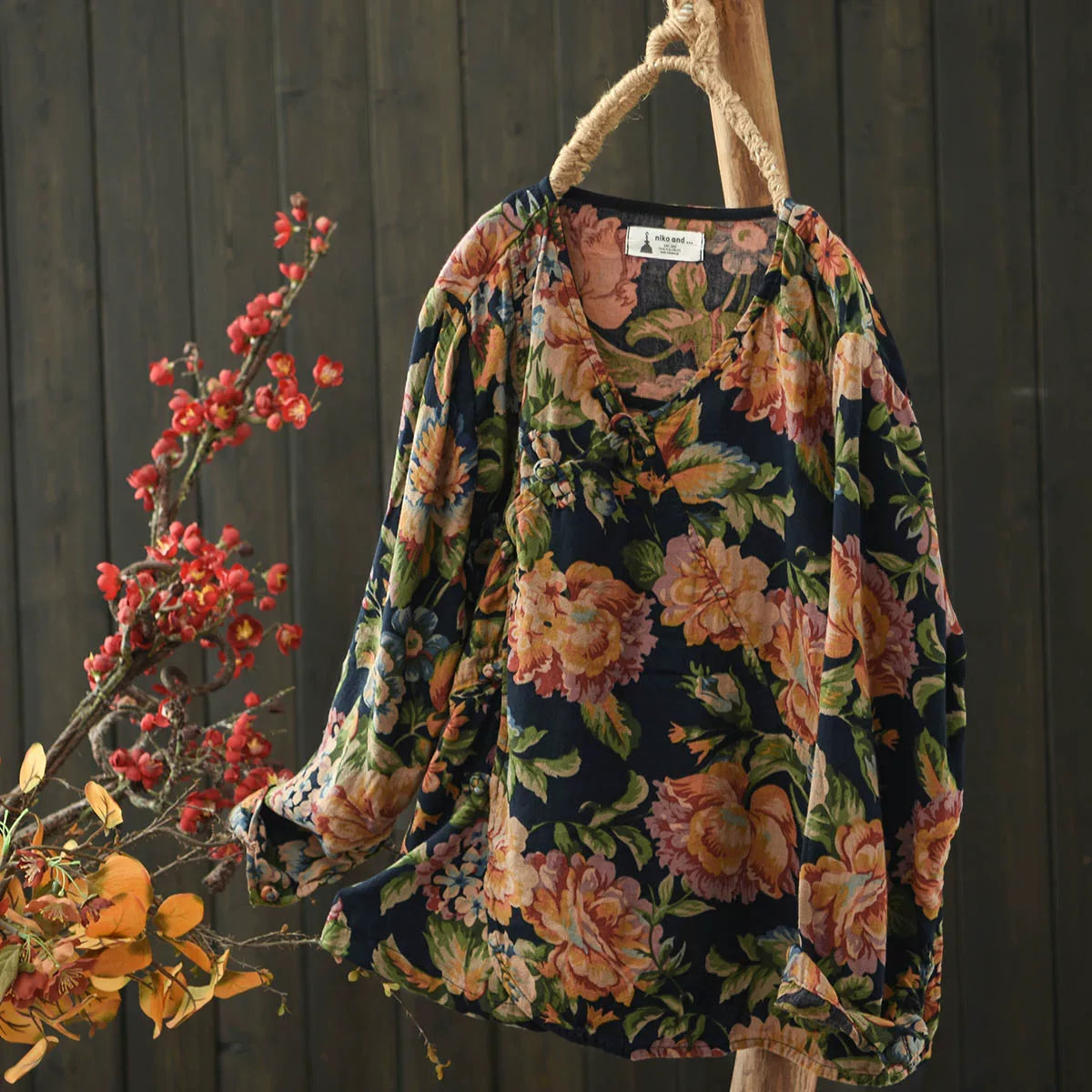 view of floral print on the blouse