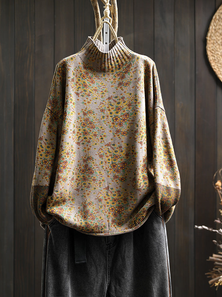 Lifestyle shot of vintage high-neck floral cotton sweater