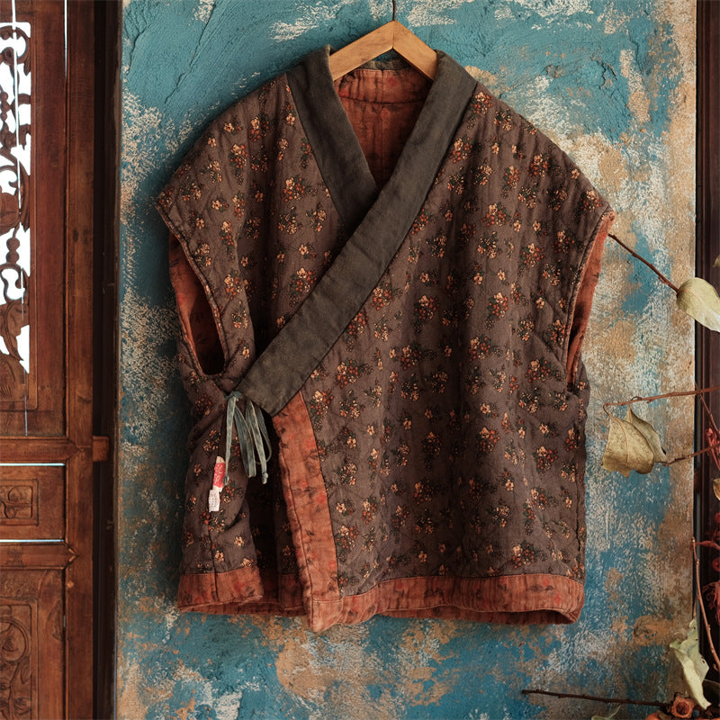 Side view of vintage quilted floral cotton padded vest
