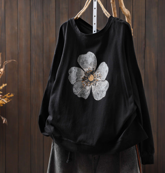 Black floral print casual blouse
