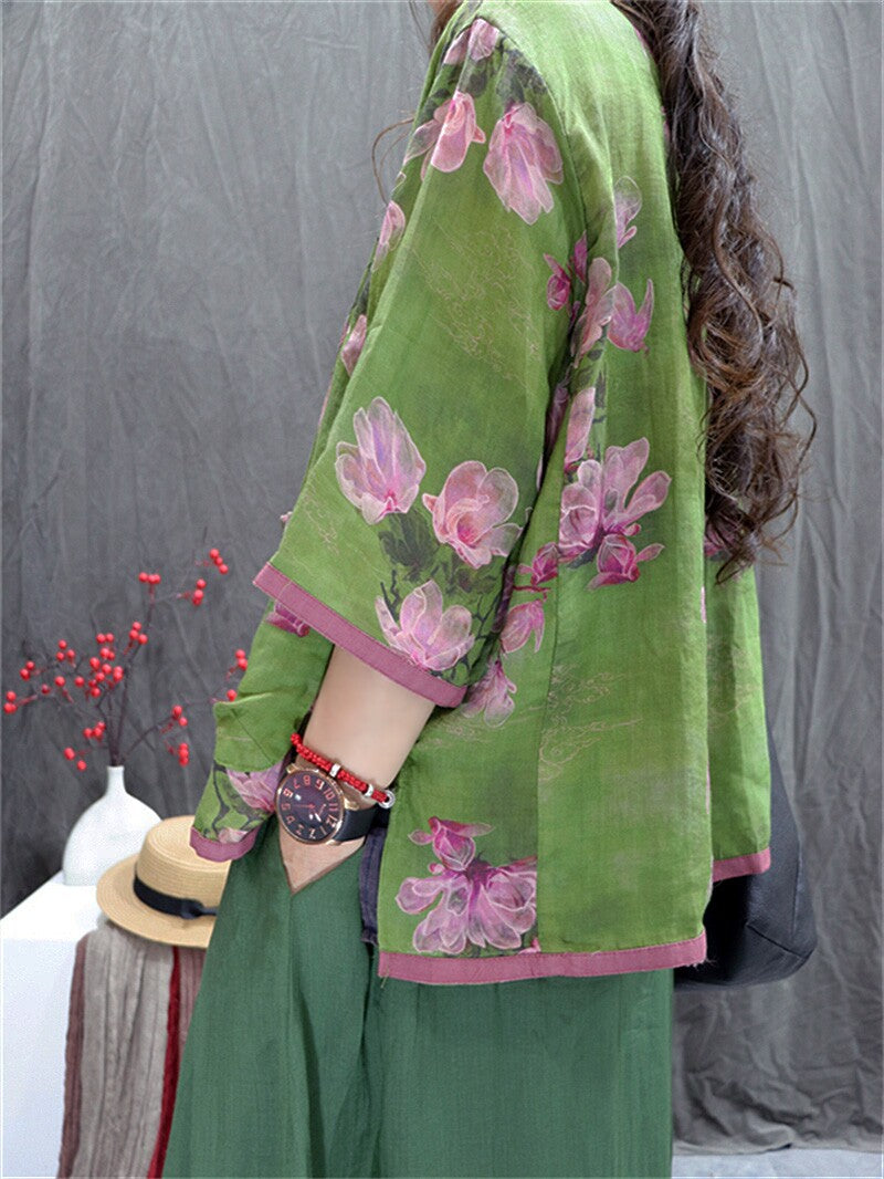 Close-up of floral print on breathable ramie blouse