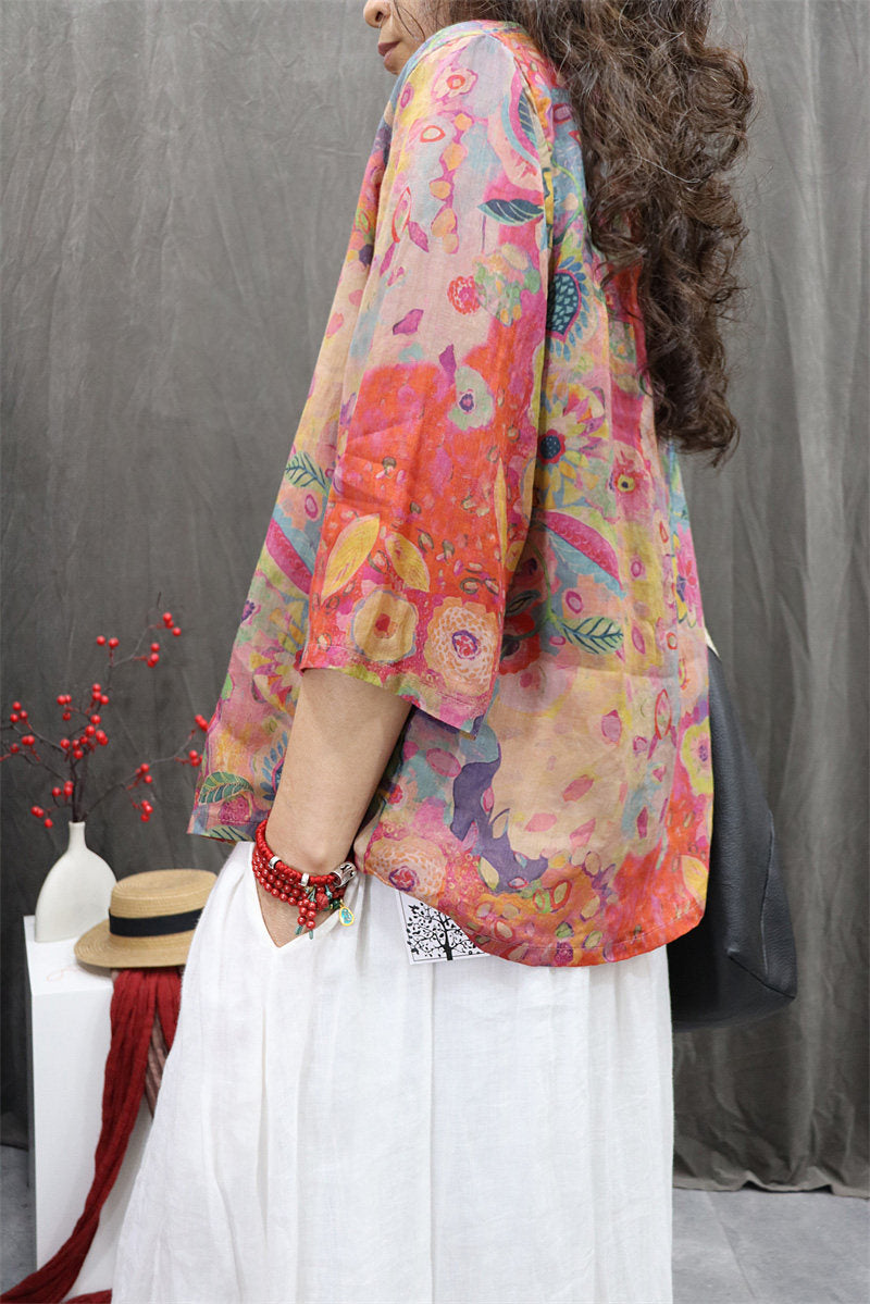 Back view of lightweight pink floral ramie blouse 