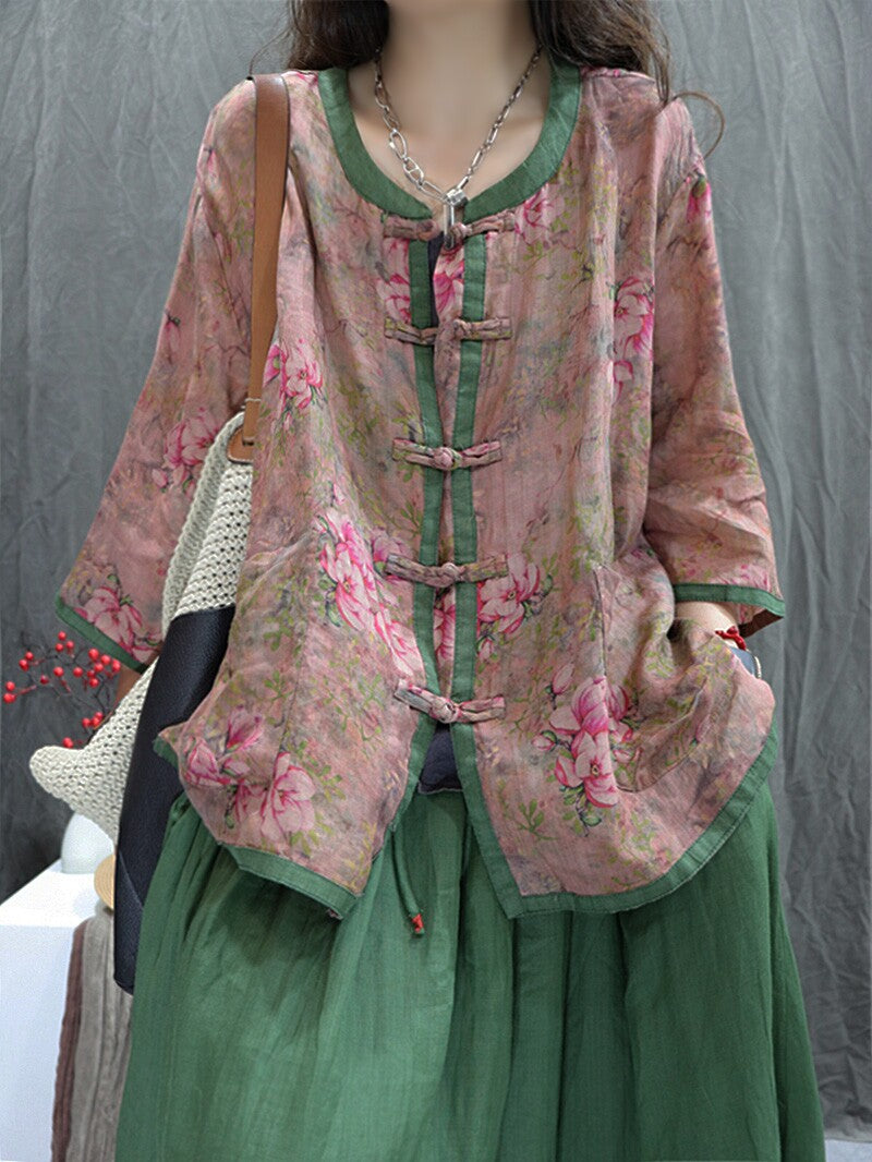 Woman styling floral ramie blouse 
