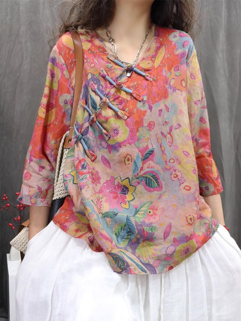 Casual lifestyle look with pink floral ramie blouse, relaxed fit