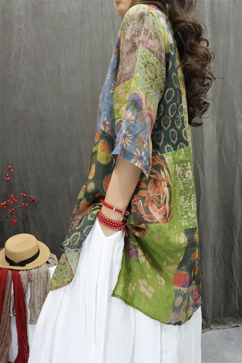 Floral ramie tunic blouse fabric detail breathable natural ramie texture