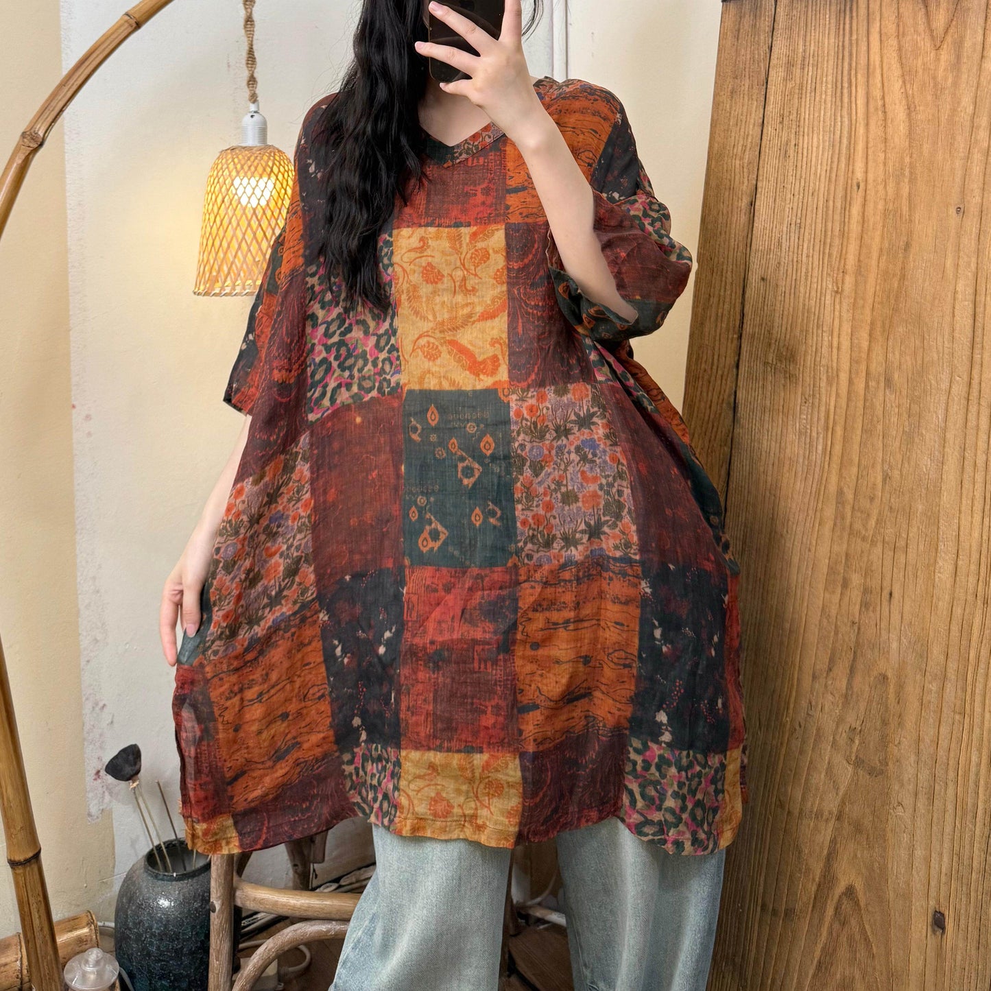 Floral ramie tunic blouse 3/4 sleeve design vintage boho style