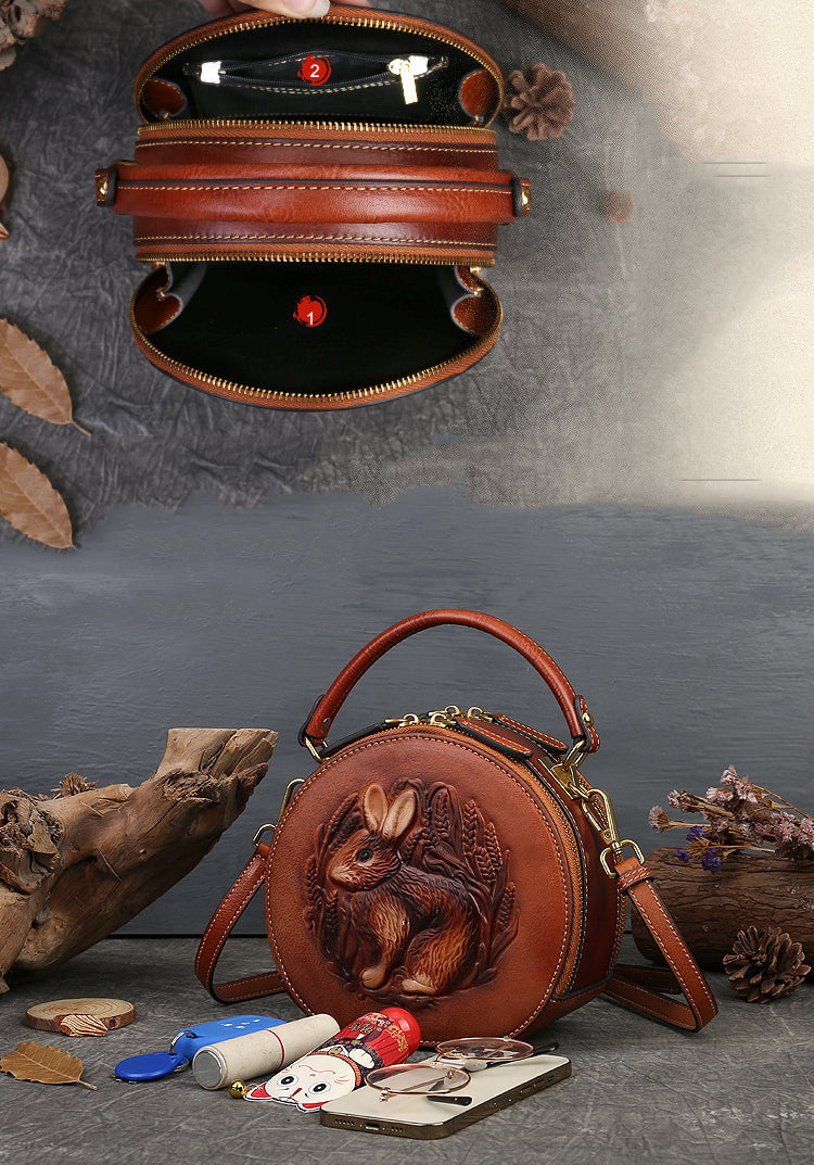 Interior view of vintage rabbit pattern leather Crossbody bag