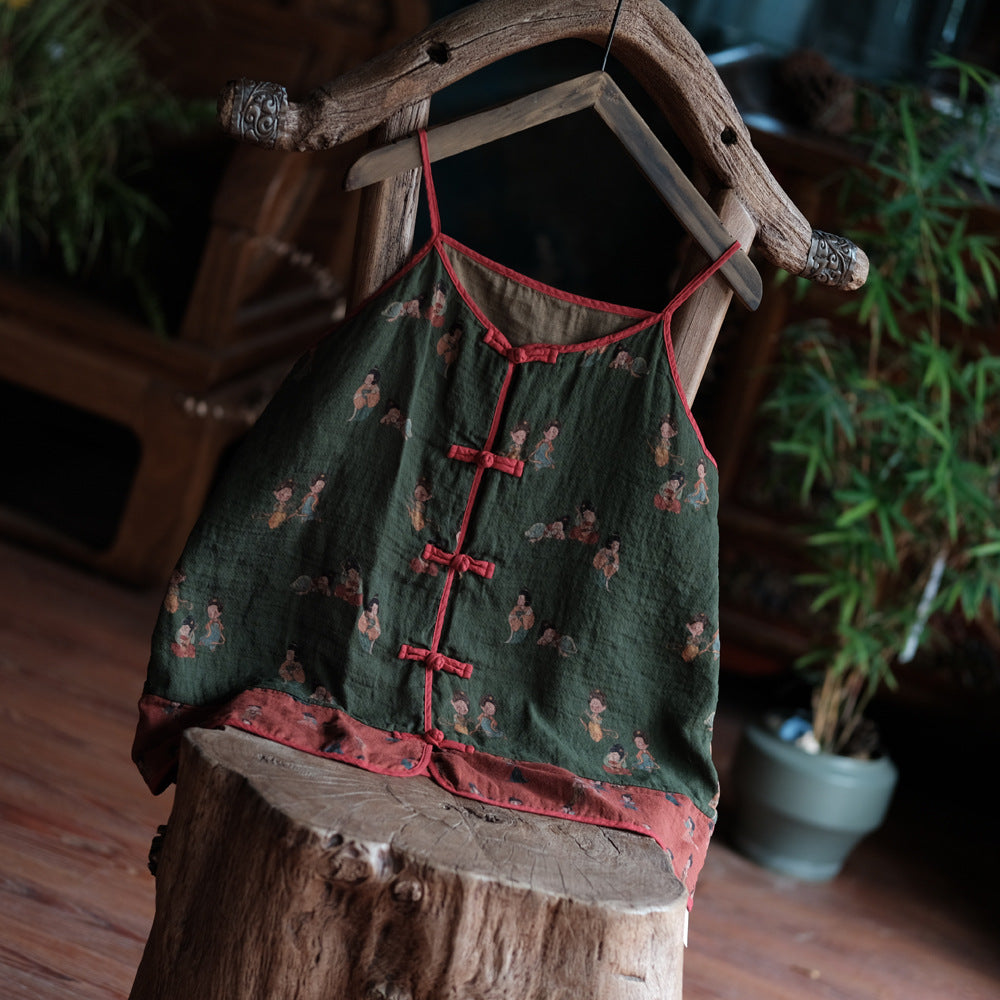 Detail of playful green camisole top fabric