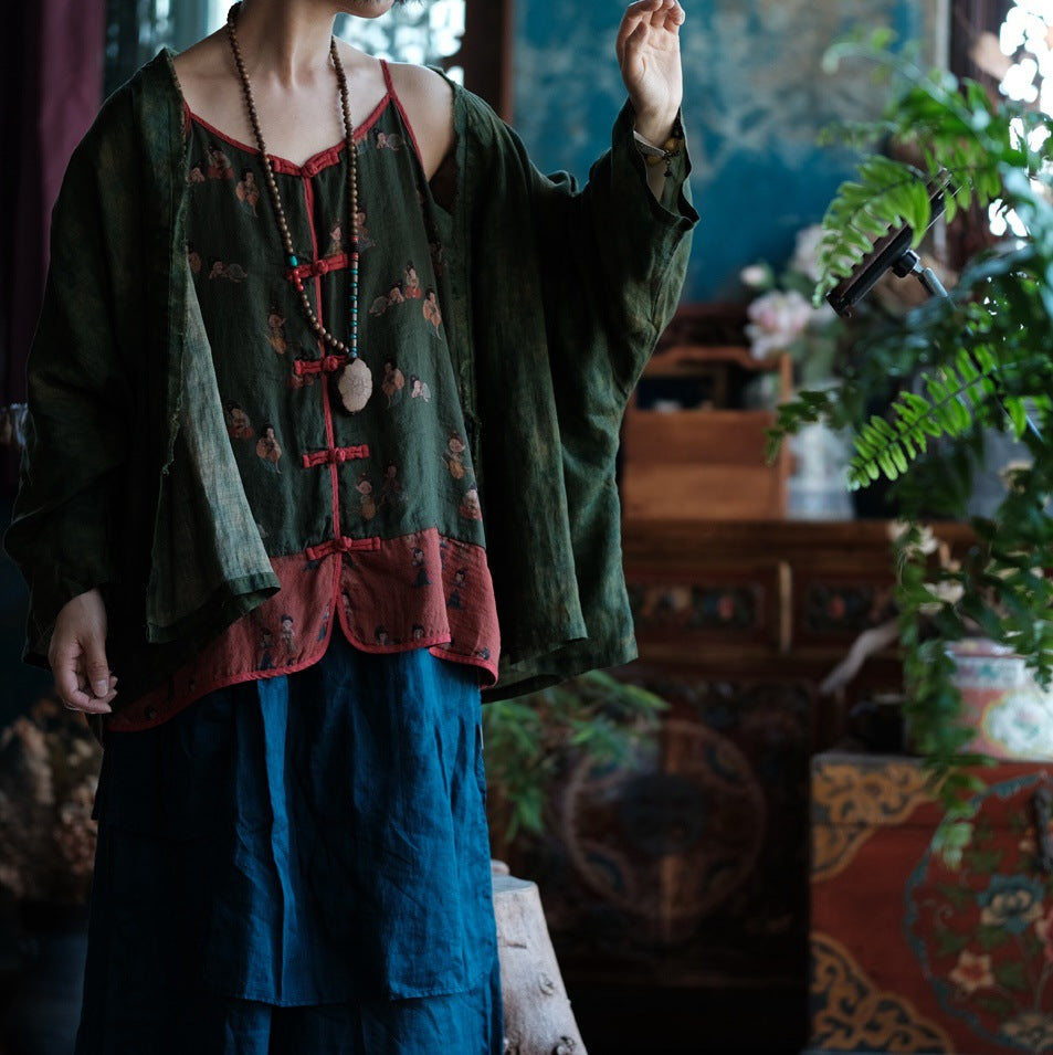 Woman wearing playful green camisole top styled casually