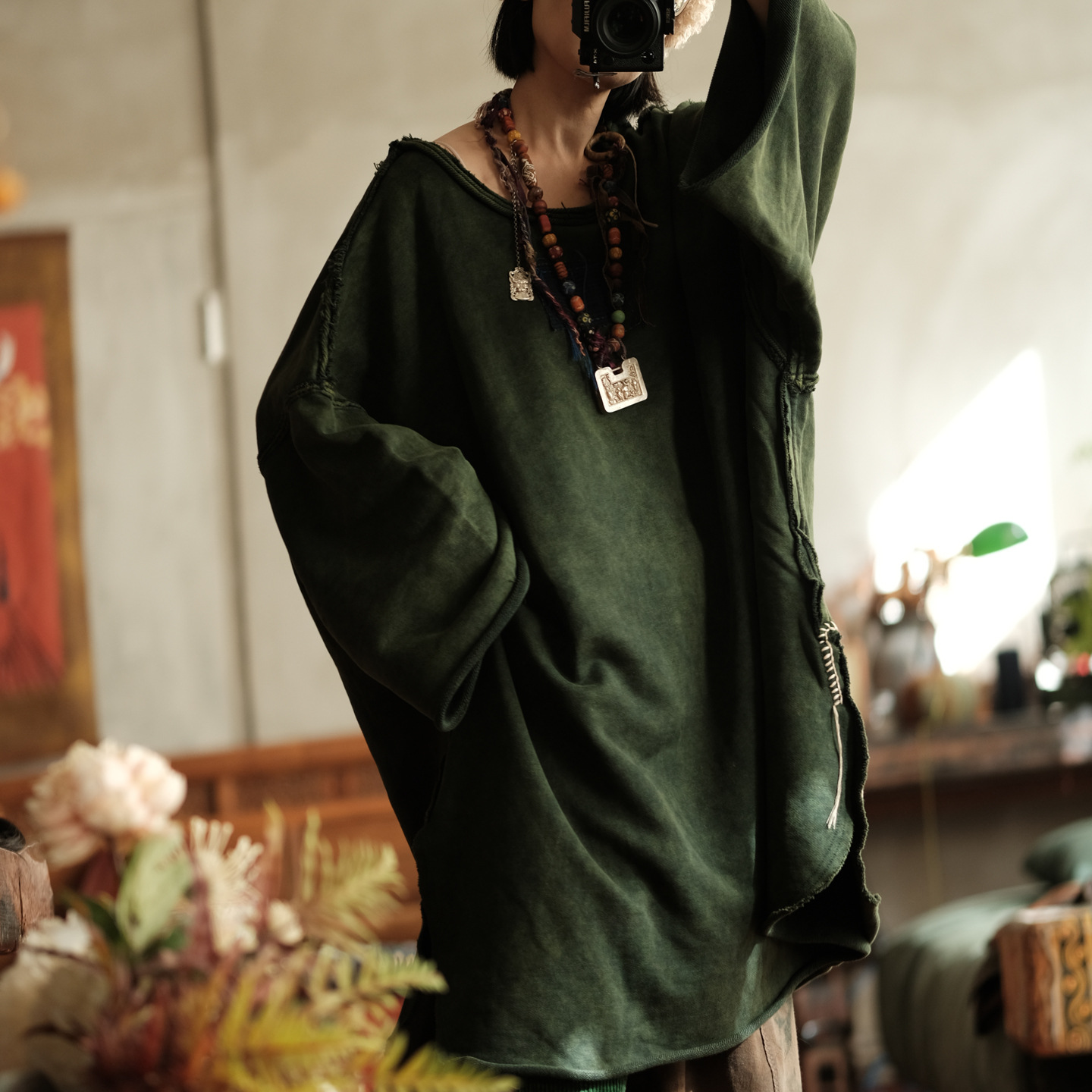 Casual outfit with green cotton blouse for everyday wear