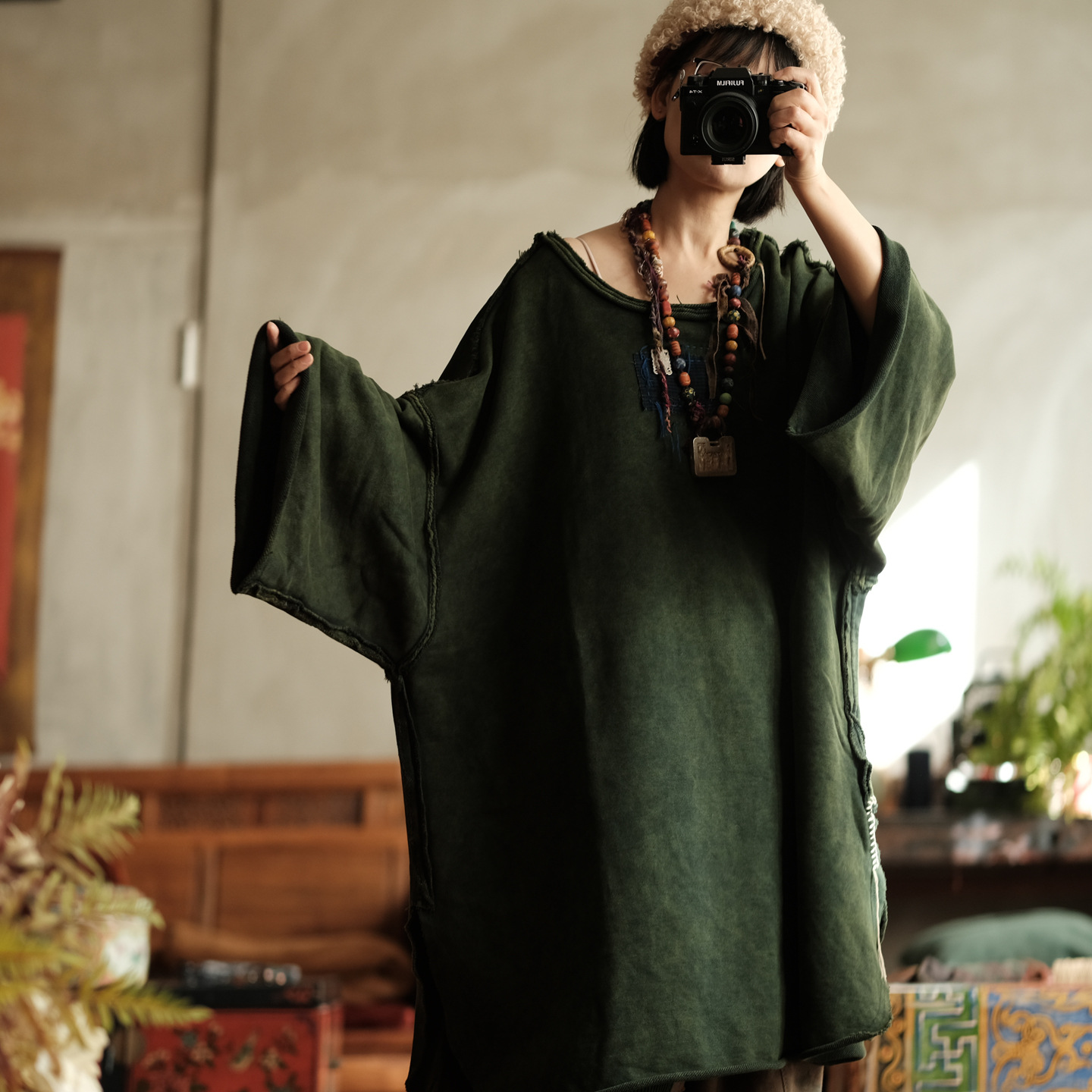 Front view of green 100% cotton blouse lightweight casual top