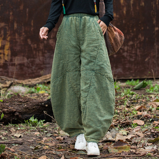 Front view of distressed ramie quilted pants