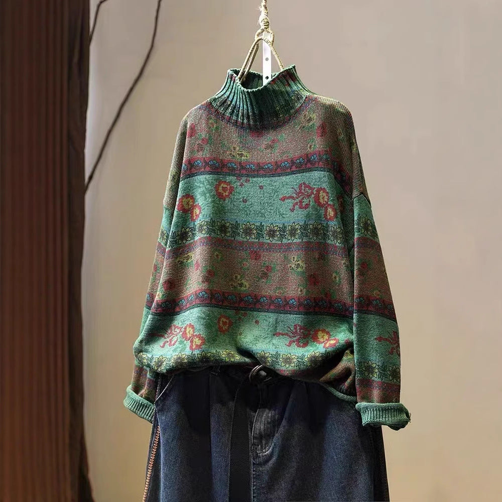 Front view of floral cotton knit sweater for women