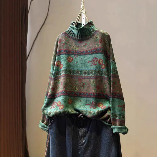 Front view of floral cotton knit sweater for women