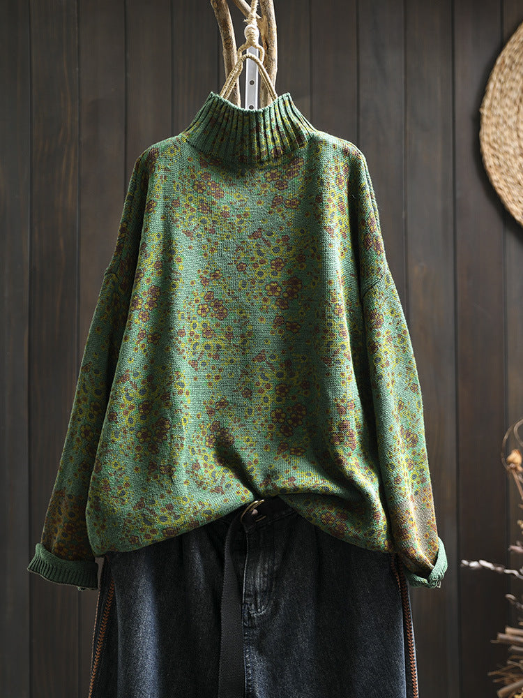 Front view of high-neck floral cotton knit sweater for women