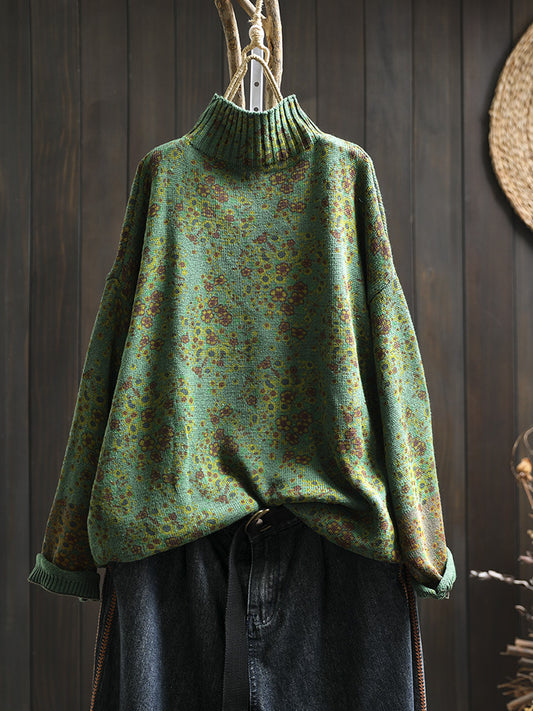 Front view of high-neck floral cotton knit sweater for women