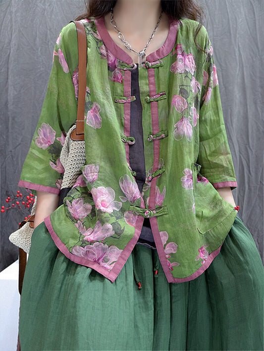 Front view of lightweight floral ramie blouse