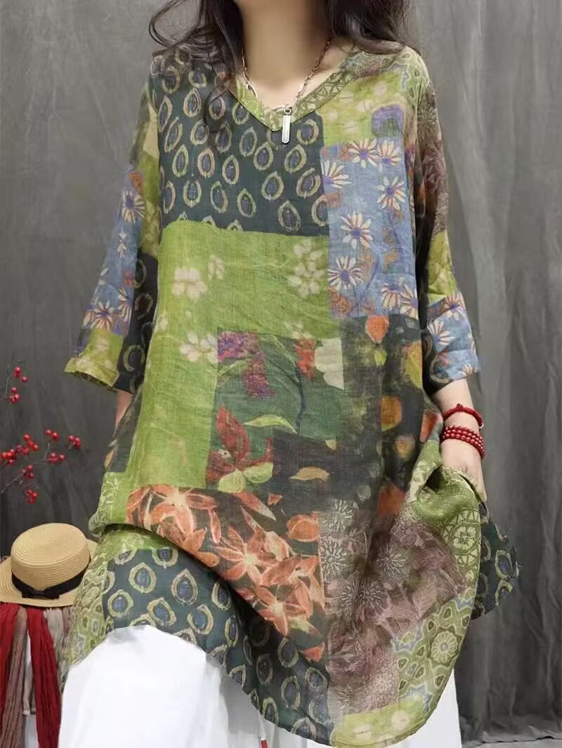 Floral ramie tunic blouse lightweight vintage boho top front view