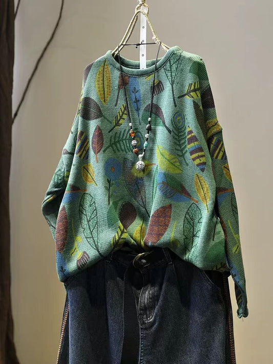 Front view of leaf pattern knit sweater for women