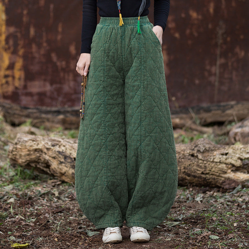 green relaxed fit linen quilted pants