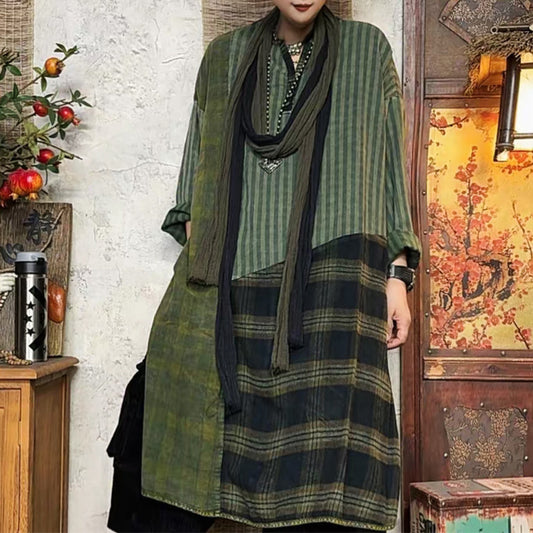 Front view of vintage patchwork plaid top with side slits