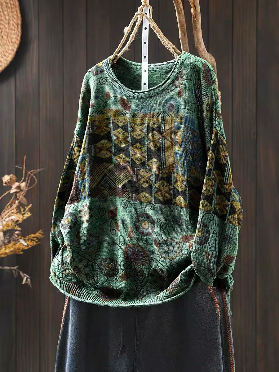 green printed cotton knit pullover sweater