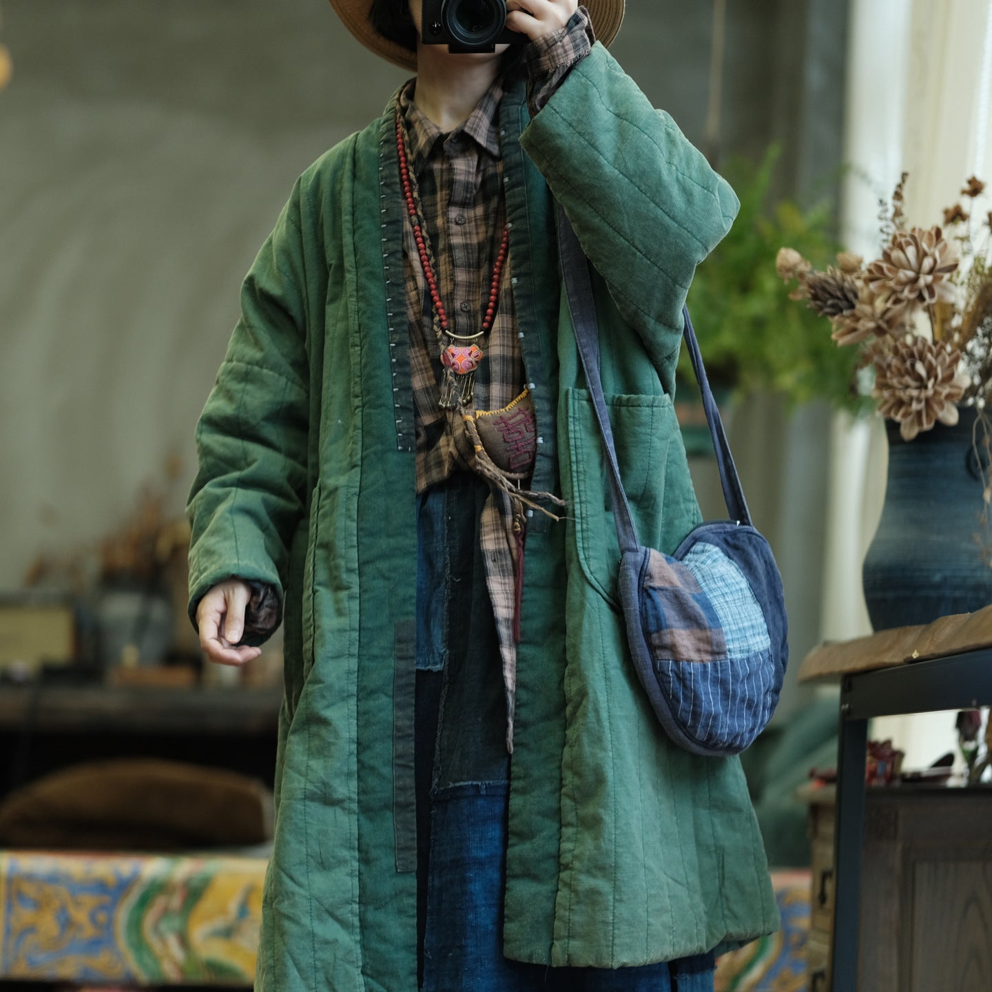 Bohemian outfit styled with Cozy Green Quilted Jacket