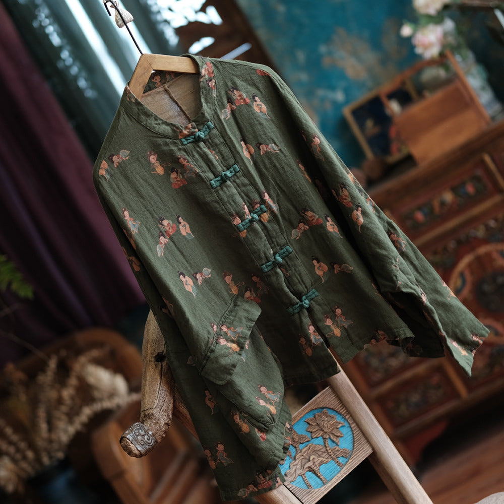 Front view of whimsical green top for women